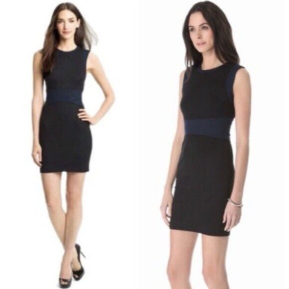 DVF Diane Von Furstenberg Dress 4 Navy Blue Trim on Black Stretch Career - Picture 12 of 13